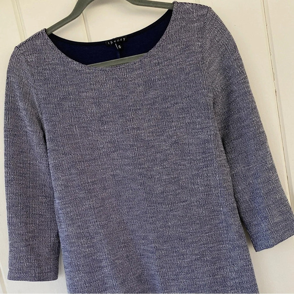 Theory, Mimi H Plentiful ¾ Sleeve Shift Dress, Navy Blue, White - Picture 3 of 10